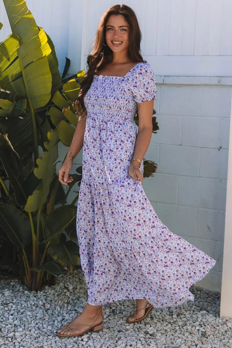 Purple Floral Short Bubble Sleeve Shirred High Waist Maxi Dress - Love Salve